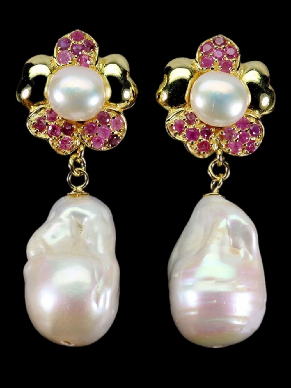Fabulous, Rare Genuine Baroque Pearl & Ruby Earrings